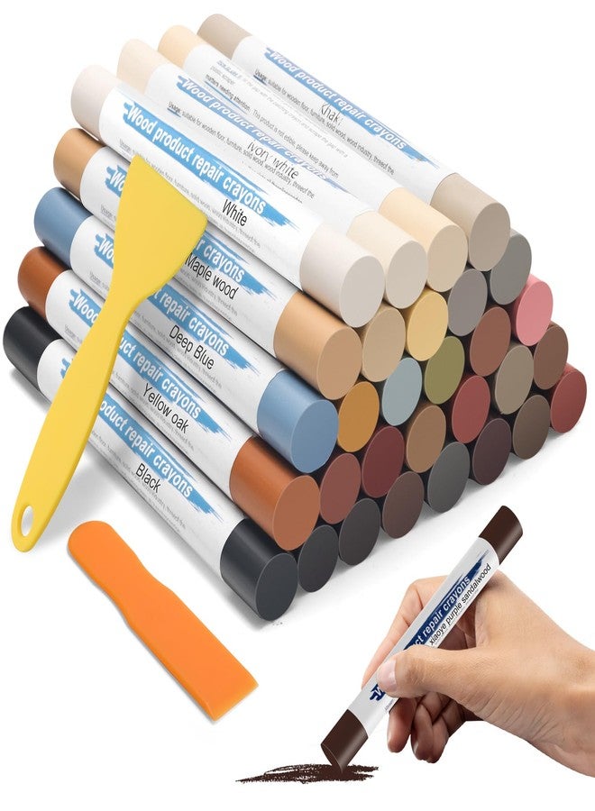 Windspeed 30+2P Wood Filler Sticks, Windspeed 30 Colos Wood Filler Putty Wax Crayons Furniture Repair Kit Putty Stick for Baseboard Cabinets Furniture Floors(with 2 Scrapers) - Image 1